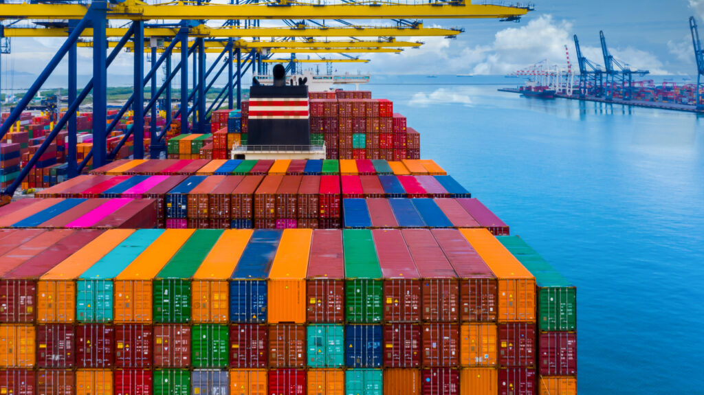 Aerial view container ship at deep terminal seaport