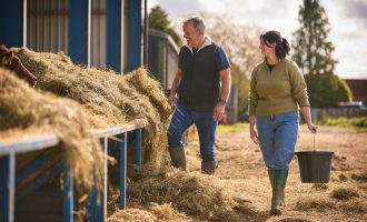 Male And Female Farm Workers Walking Across Yard Past Cattle Barn At Feeding Time